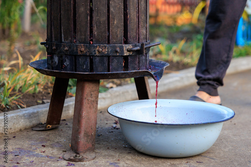 Homemade Fer grape juice for wine production flows from a press into a basin. Background