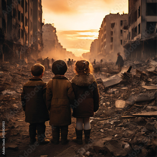 Children in front of the destruction of war in the city
