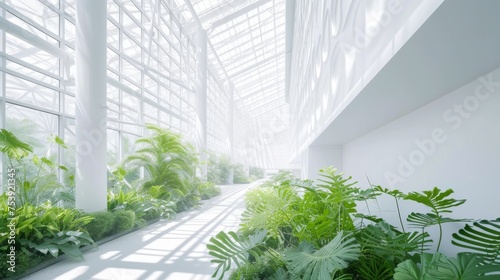 A bright, spacious atrium adorned with lush greenery, casting soft shadows through the white, futuristic framework of a modern building.