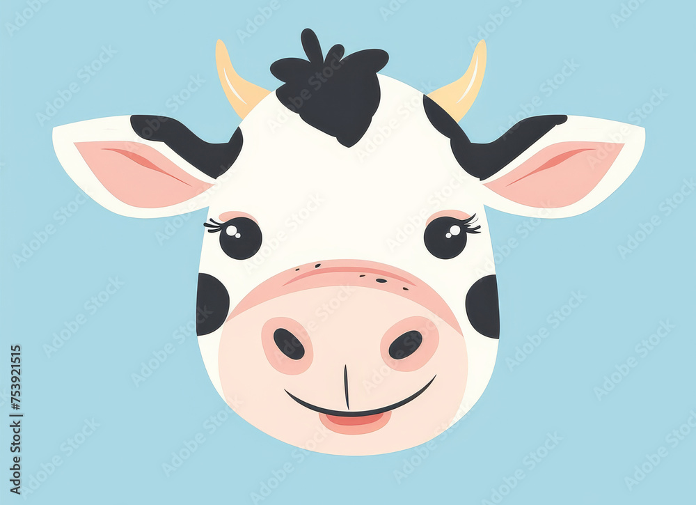 A playful cartoon cow head with black and white spots and horns, looking straight ahead A playful cartoon cow head with black and white spots and horns, looking straight ahead