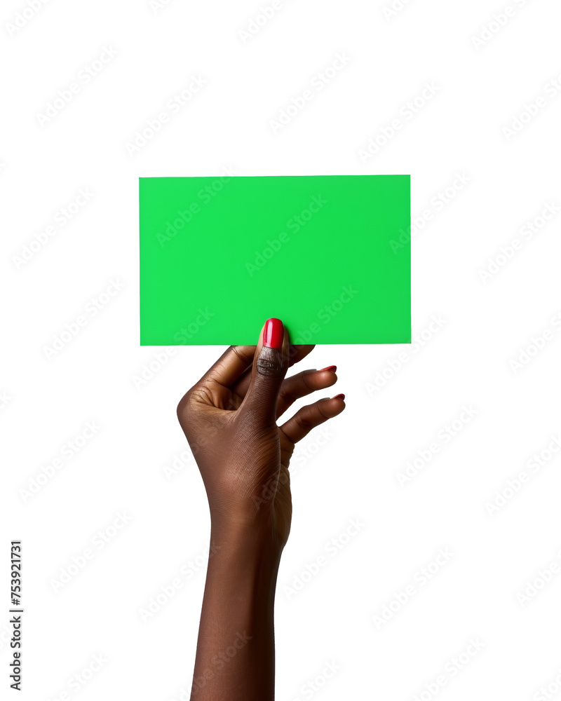 hand raising green blank card in front of white background hand raising green blank card in front of white background