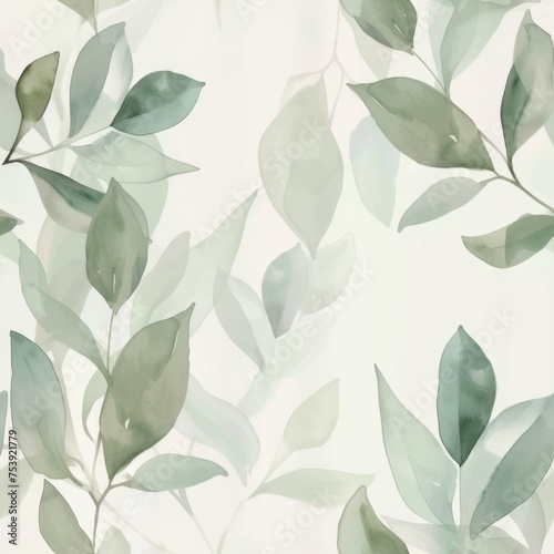 Seamless watercolor pattern featuring mint leaves in various shades of green on a light background, embodying freshness and natural beauty.