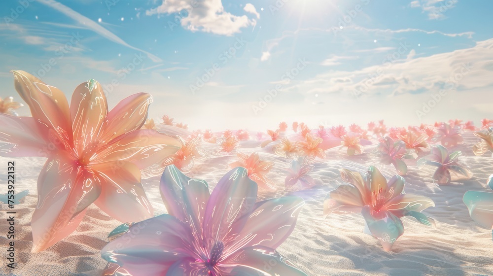 Holographic flowers spread across a sandy beach, bathed in sunlight, create an otherworldly seaside escape.