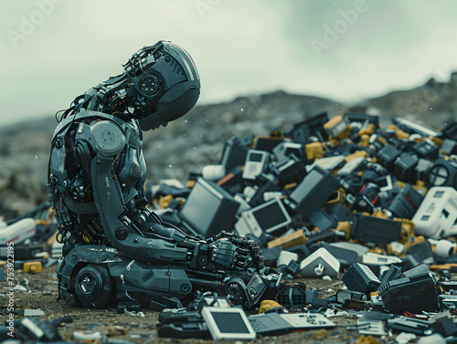  A poignant image of a robot sitting in desolation amidst a graveyard of e-waste, evoking a sense of abandonment