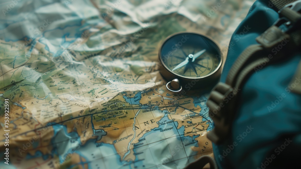 Compass on topographic map beside backpack, symbolizing travel planning