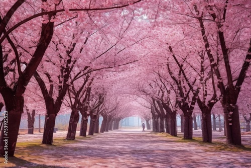 Blossom Bliss: Experience the serenity and beauty of a blissful cherry blossom grove in full bloom, where delicate petals paint the air with hues of pink and white. © Gogi