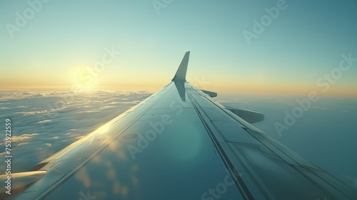 The warm glow of sunrise illuminates the airplane wing against a sea of clouds, evoking a sense of travel and adventure