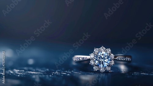 A sparkling diamond ring on a dark blue reflective surface