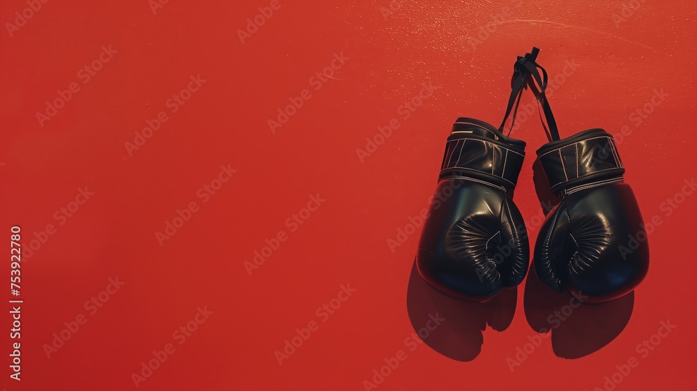 Black boxing gloves hanging against a vivid red wall with shadows