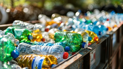 Recycling effort showcased with colorful plastic bottle close-up. Colorful plastic bottles lined up for environmental conservation. The impact of sorting plastic for recycling in close-up view. photo