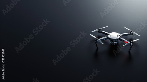 A high-tech drone hovers isolated against a dark backdrop, symbolizing advanced technology