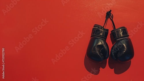 Black boxing gloves hanging against a vivid red wall with shadows © Татьяна Макарова
