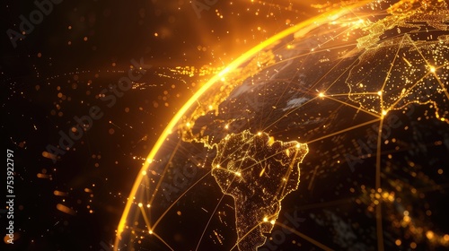 Illustration Of Glowing Planet With Yellow Network Connecting Cities On Black Background