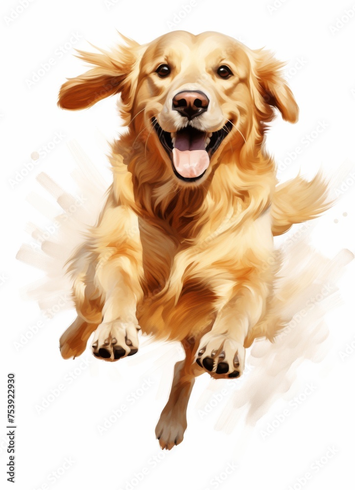 Joyful golden retriever leaping forward in a playful illustration. Happy golden retriever in mid-air jump with a bright expression. Artistic depiction of a golden retriever on white background. Joyful golden retriever leaping forward in a playful illustration. Happy golden retriever in mid-air jump with a bright expression. Artistic depiction of a golden retriever on white background.