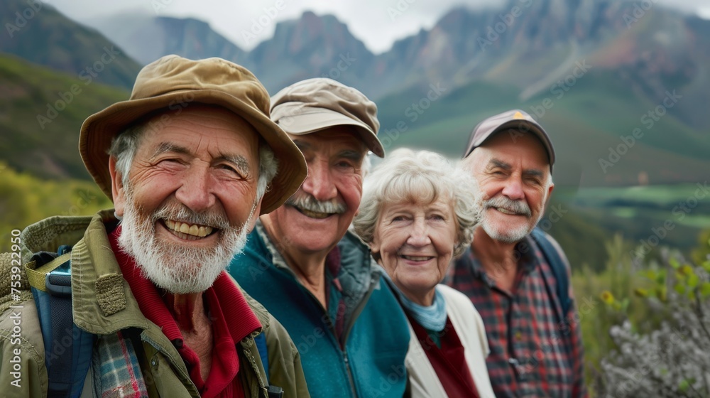 Group of joyful senior hikers exploring mountainous landscapes. Active retirees enjoying an adventurous outing in nature. Elderly friends sharing smiles on a scenic mountain trail. Group of joyful senior hikers exploring mountainous landscapes. Active retirees enjoying an adventurous outing in nature. Elderly friends sharing smiles on a scenic mountain trail.