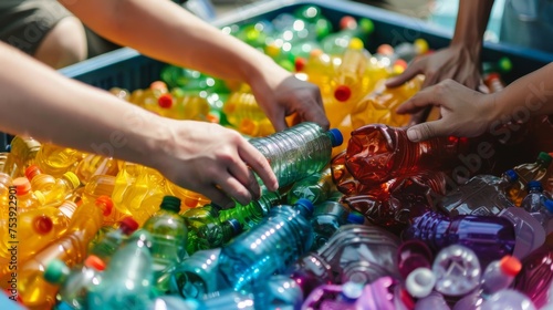 Sorting colorful plastic bottles for recycling and sustainability. Hands engaging in environmental action with plastic bottle recycling. Active participation in reducing waste through plastic sorting.