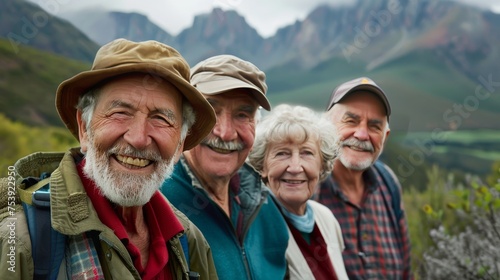 Group of joyful senior hikers exploring mountainous landscapes. Active retirees enjoying an adventurous outing in nature. Elderly friends sharing smiles on a scenic mountain trail.