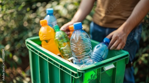 Recycling plastic bottles in a green bin for environmental conservation. Person contributing to eco-friendly practices by recycling. Sorting recyclables at home to support sustainable living.