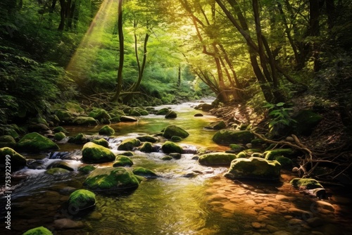Woodland Serenity: Embrace the tranquility of a gentle stream flowing through a forest, where the soothing sound of water harmonizes with nature's whispers.