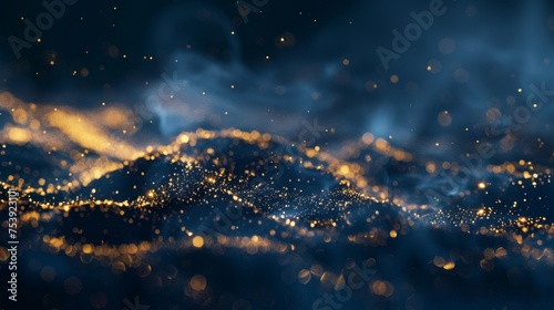 Digital illustration of sparkling golden mountains in an abstract landscape. Ethereal mountain peaks with golden light particles. Surreal abstract terrain with glittering golden details.