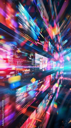 Abstract concept of high-speed internet connectivity with vivid colors. Futuristic data stream visualization in a motion blur effect. Dynamic representation of virtual reality in a colorful abstract. © Irina.Pl