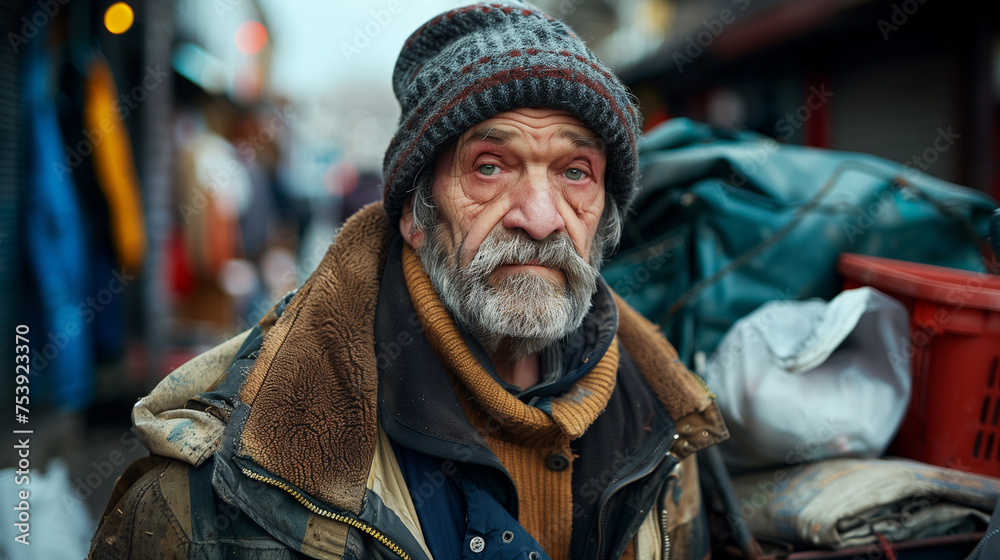Homeless older man, tired and wearing ragged clothes. Standing in an alleyway during overcast weather.
