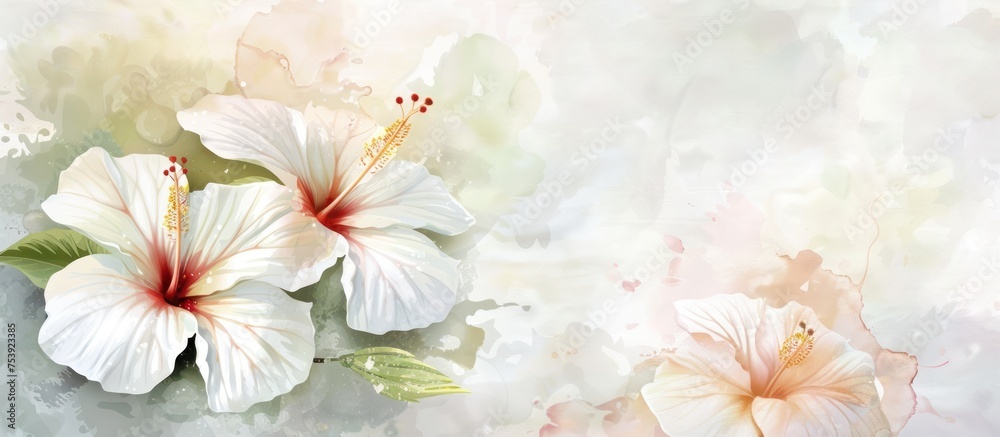 Elegant white hibiscus flower with watercolor style for background and invitation wedding card