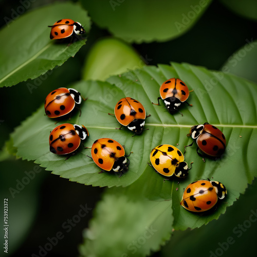 Ladybugs on green leaves. Generative AI © Evgenii