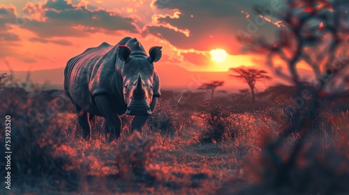 Animal wildlife photography rhino with natural background in the sunset view, AI generated image photo