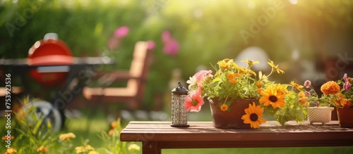 A wooden table is adorned with various potted plants, positioned next to a red fire hydrant. The setting suggests a backyard garden atmosphere, possibly during summertime with a BBQ grill nearby.