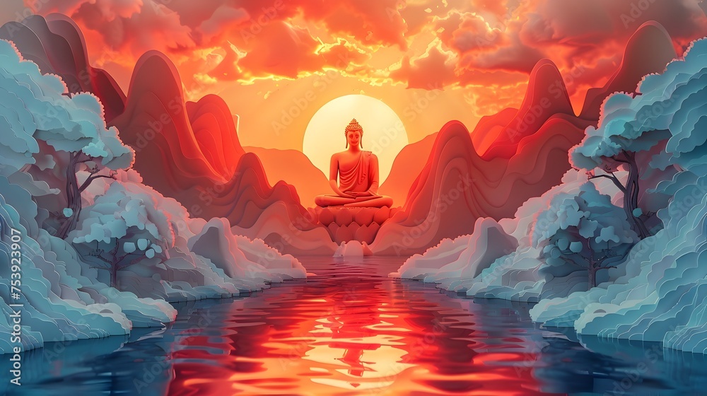 Buddha Statue in Tranquil Desert and Mountain Settings, To convey a sense of tranquility and spirituality through depictions of a Buddha statue in - obrazy, fototapety, plakaty 