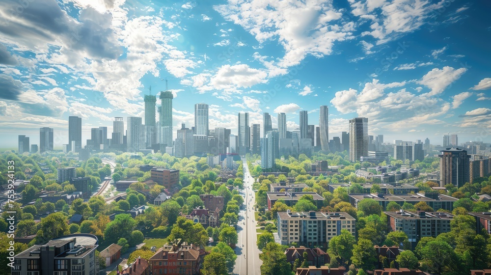 Obraz premium Image Of Cityscape With Skyscrapers And Architecture Of Residential Buildings With Road Green Trees In Daylight Against Cloudy Blue Sky