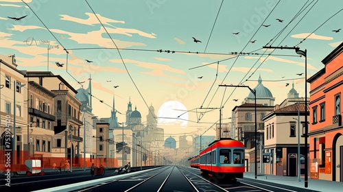 Milan, Italy. Graphic concept of Milan cityscape at sunrise. Travel or postcard concept