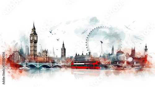 London landscape with Big Ben, Palace of Westminster, London Eye, Westminster Bridge, River Thames. Graphic urban concept of London, illustration, UK travel or postcard concept, white background