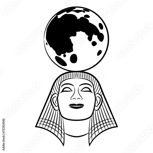 Head of ancient Egyptian man or pharaoh holding full moon. Lunar god Khonsu. Black and white silhouette.