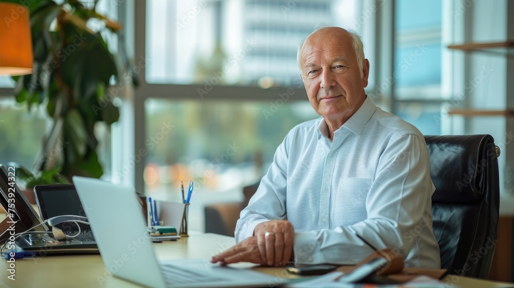 Male Senior Executive Professional Sitting At Desk In Corporate Office Male Senior Executive Professional Sitting At Desk In Corporate Office