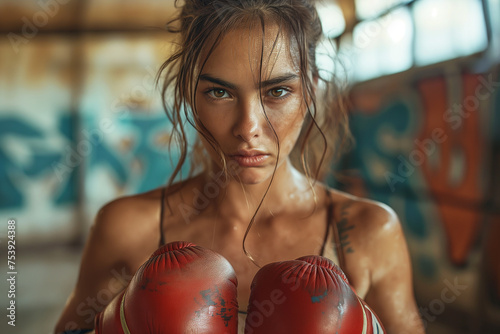Chica deportista en un gimnasio moderno, practicando 
deporte extremo, boxeo, mirada desafiante, cuerpo atlético, atlética, espacio con paredes de ladrillo, vigas vistas, esfuerzo, culto al cuerpo
