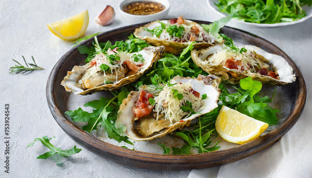 Baked oysters with bacon, greens and parmesan. Baked oysters with bacon, greens and parmesan.