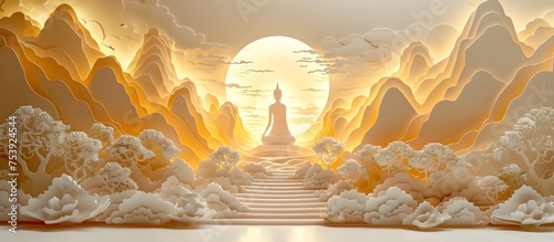 Paper Cut Buddha Statue and Golden Lion in 3D Landscape, This image would be perfect for adding a unique and creative touch to any project related to