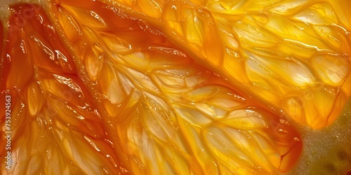 Orange slice background. Texture of fresh juicy shiny orange fruit piece close-up. Abstract macro shoot