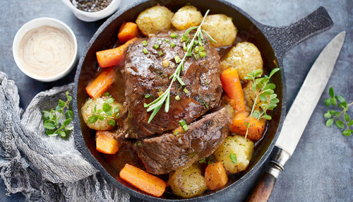 Beef pot roast in cast iron dish with carrots and potatoes.