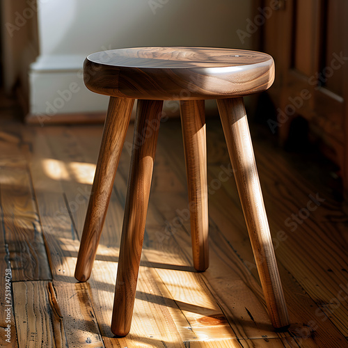 A bar stool made of hardwood with a wood stain finish sits on a wooden floor. The stool is sturdy, with a varnish coating to protect the wood