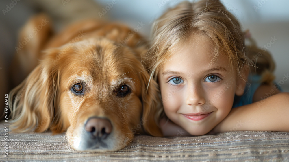 Portrait of old labrador and his best friend. Kids friends with dogs.