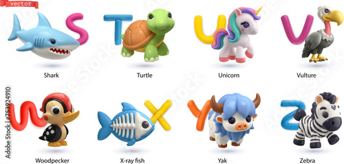 Zoo alphabet part 3. Shark, turtle, unicorn, vulture, woodpecker, x-ray fish, yak, zebra. 3d vector icon set © Natis