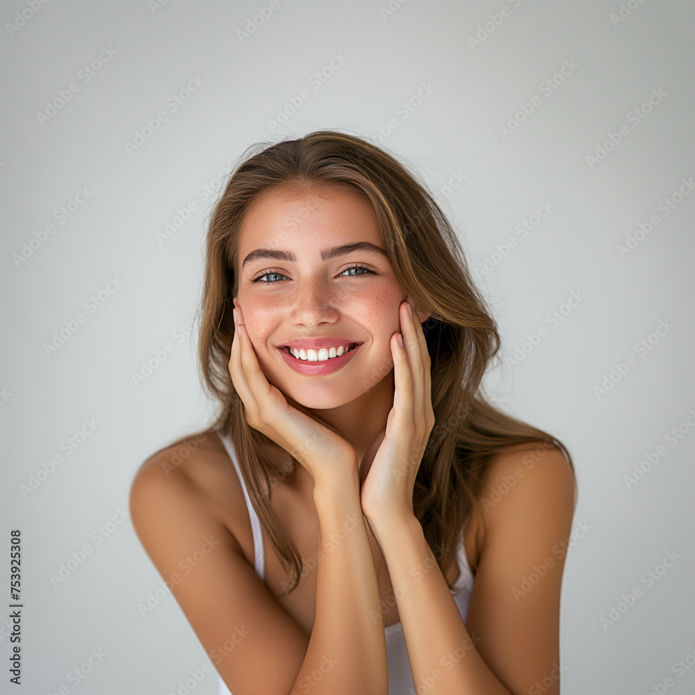 Beautiful woman smiling and touching her face Beautiful woman smiling and touching her face