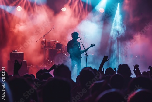 Man With Guitar Standing on Stage in Front of a Crowd