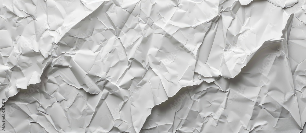 Fototapeta premium A white wall with creased white paper attached to it. The paper appears slightly wrinkled but covers the wall completely.