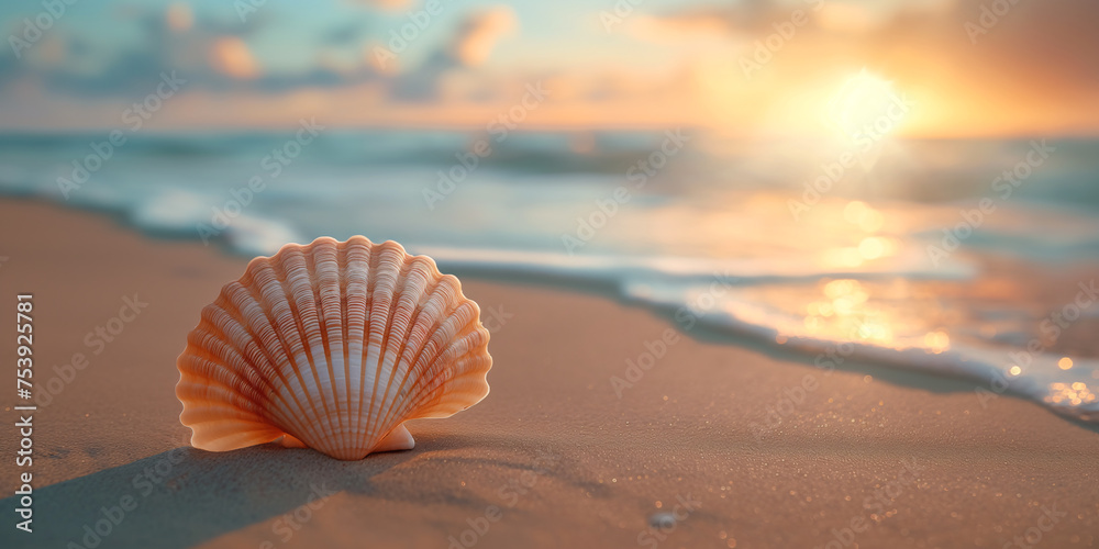 Beautiful seashell on the seashore at sunset, copy space Beautiful seashell on the seashore at sunset, copy space