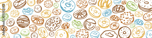 Hand drawn donut set for Fat Thursday on white background. Collection of cute donuts in doodle style. Outlined.