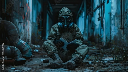 person in radiation suit at abandoned bunker style site